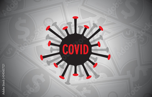 Money contaminated with coronavirus covid-19 concept. Cash currency and corona virus cells.