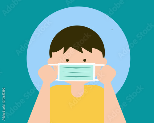 COVID-19 crisis concept: A Boy always wears face mask for protect virus. Cartoon vector style for your design.