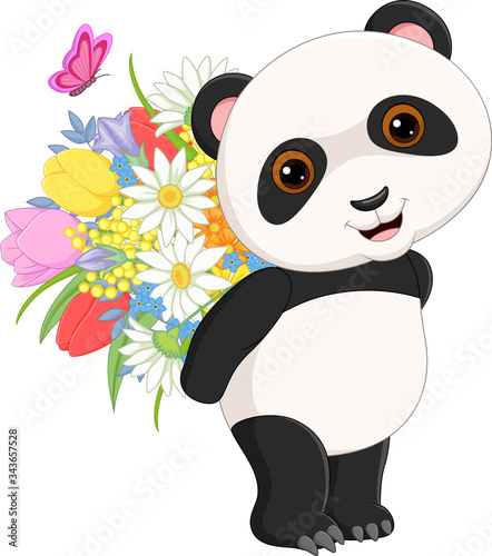 Cute little panda carrying a flowers