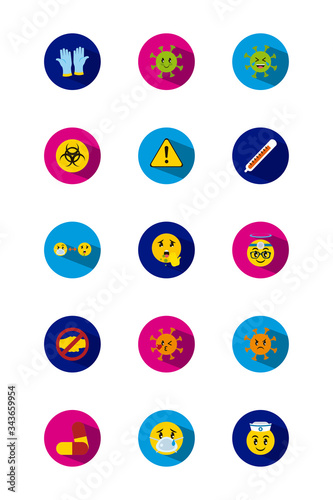 biohazard symbol and emojis coronavirus icon set, block style