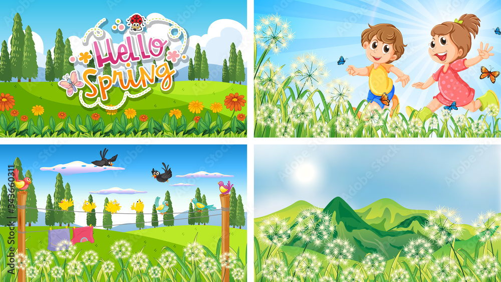 Four background scenes with children and animals in the park Four background scenes with children and animals in the park