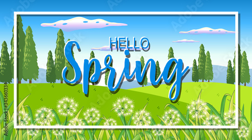 Nature scene background with word hello spring in the garden