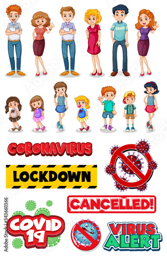 Group of family member characters and covid sign