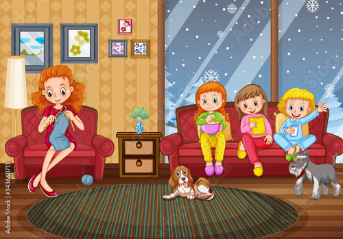Scene with people staying at home with family