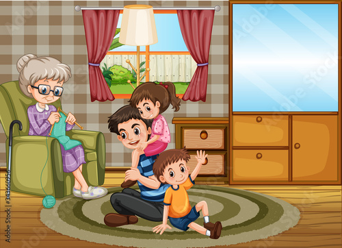 Scene with people staying at home with family