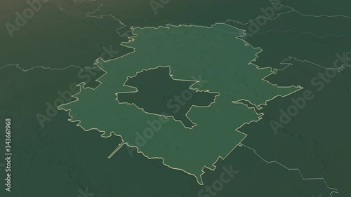 Ilfov, county with its capital, zoomed and extruded on the relief map of Romania in the conformal Stereographic projection. Animation 3D photo