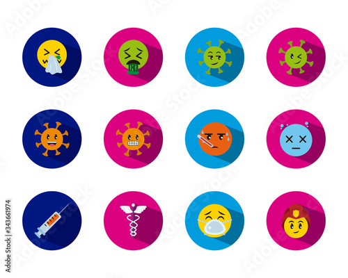 thermometer and emojis coronavirus icon set, block style