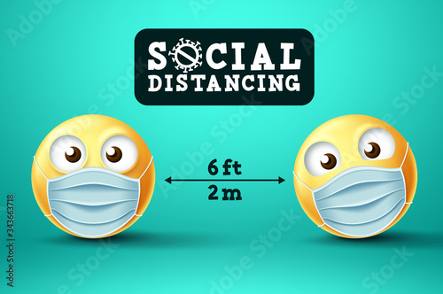 Social Distancing smiley emoji vector sign. Emoji or emoticon with face mask in public social distancing for covid-19 preventive measure. Vector illustration.
