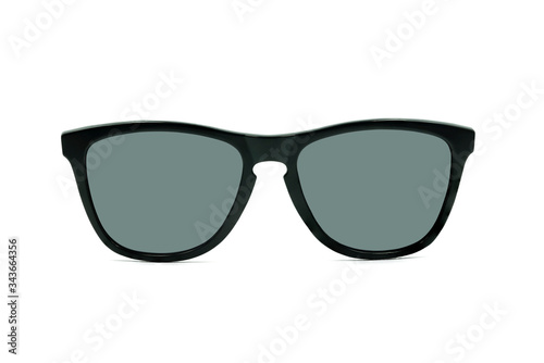 Front view of Cool sunglasses black plastic frame with mirror lens isolated on white background with clipping path. Accessory for wearing fashion protection sunlight. Tropical summer vacation concept.