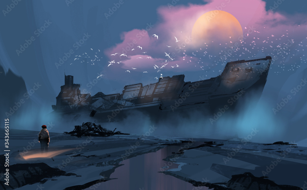 Digital illustration painting design style a boy looking at to the big ruins ship. - obrazy, fototapety, plakaty 