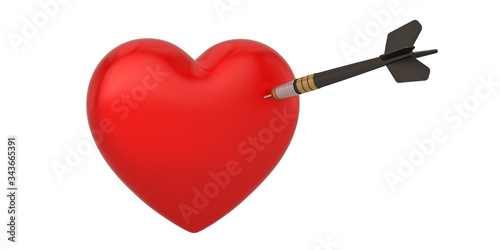 Darts and hearts isolated on white background. 3D illustration.