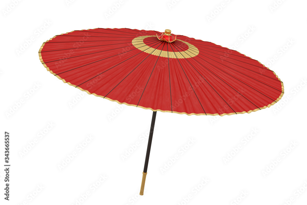 Red japanese umbrella isolated on white background. 3D illustration