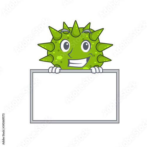 Smiling vibrio cholerae cartoon design style has a board