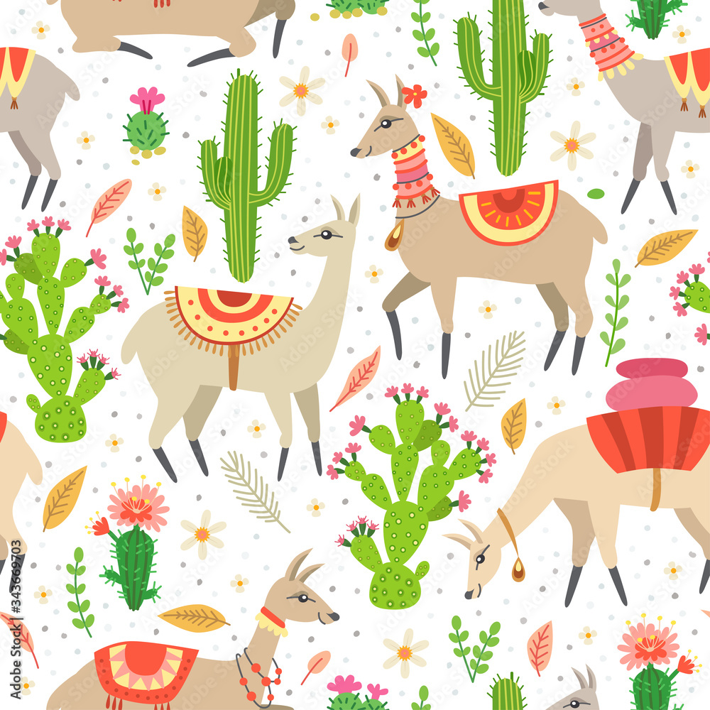 Fototapeta premium A seamless pattern with llama and cactus