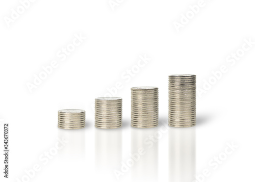 Silver coin stacks isolated on white background. Business, finance, investment, money saving and budget concept. with clipping paths.