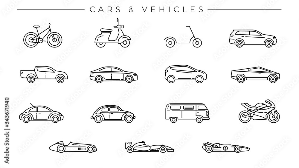 Cars and Vehicles concept line style vector icons set.