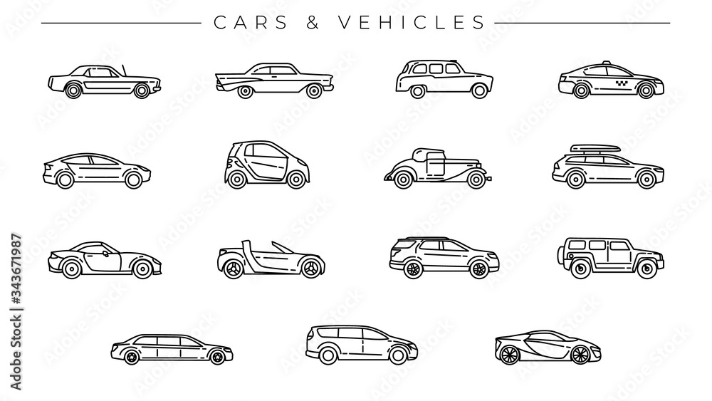 Cars and Vehicles concept line style vector icons set. Cars and Vehicles concept line style vector icons set.