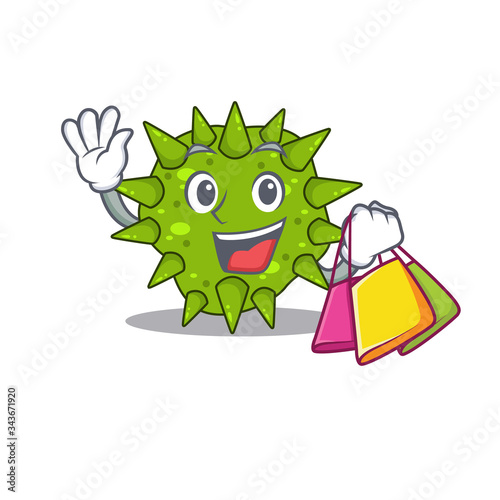 Rich and famous vibrio cholerae cartoon character holding shopping bags