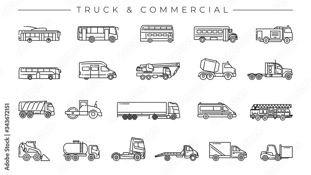 Truck and Commercial concept line style vector icons set.