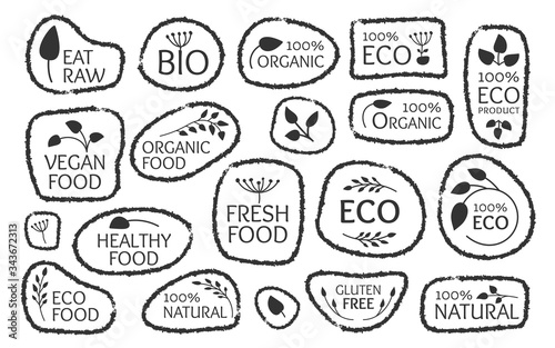 Black of eco labels set. Glyph hand drawn logo template of emblem natural product for packaging. Frame with leaves and text for tags of organic fresh, healthy bio product. Isolated vector illustration