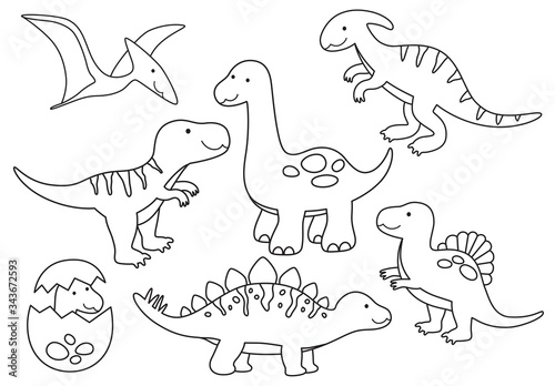 Vector line set of Dinosaurs. Dinosaur outline for coloring including Stegosaurus, Brontosaurus, Velociraptor, Triceratops, Tyrannosaurus rex, Spinosaurus.