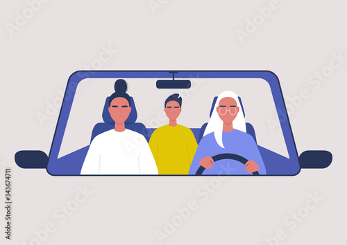 Car sharing service, taxi, three characters inside a vehicle