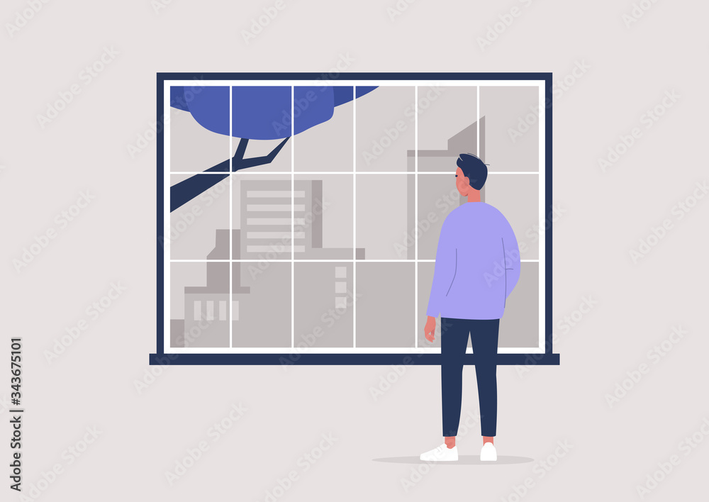 Obraz premium Young male character looking through the window, contemplation and meditation, self isolation