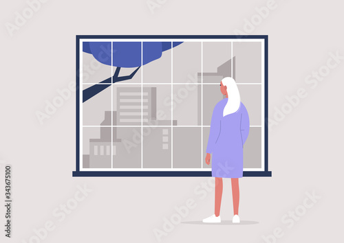 Young female character looking through the window, contemplation and meditation, self isolation