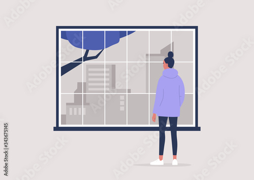 Young female character looking through the window, contemplation and meditation, self isolation