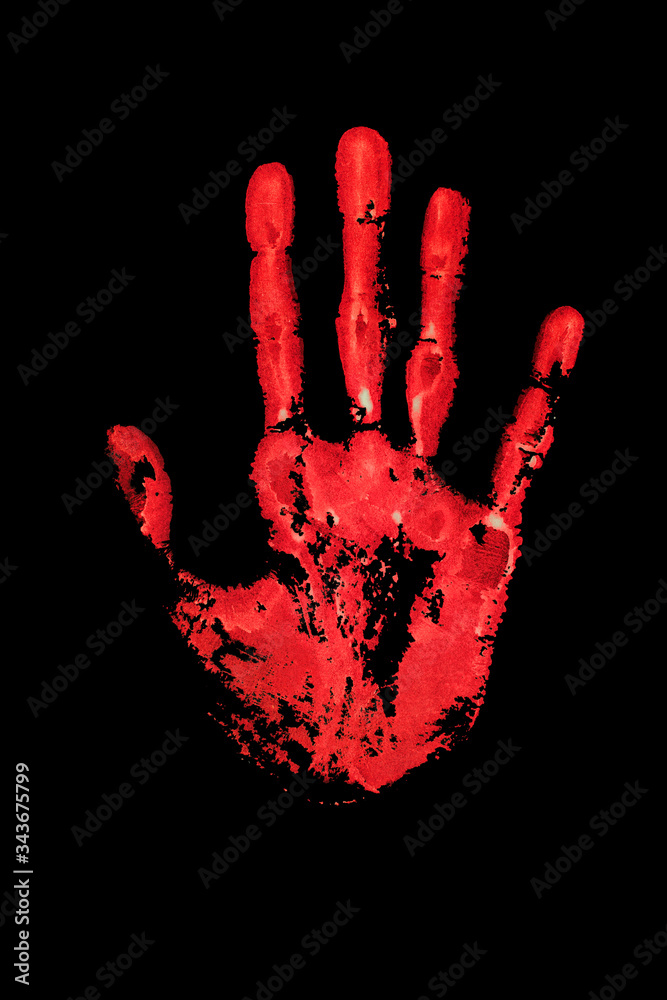 Red human hand print on black background isolated close up, bloody