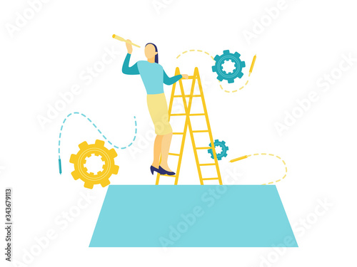 Flat vector illustration of a business concept in blue and yellow, young business woman use the telescope looking  for success with climbing ladders. Concept of finding business opportunities.