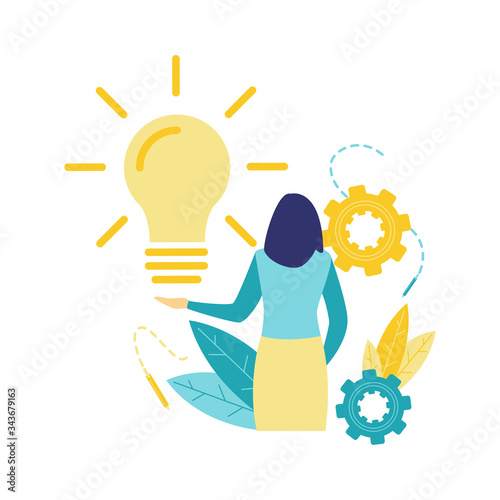 Flat vector illustration, rear view of a business woman who holds bright ideas in blue and yellow. Innovation from a business woman.
