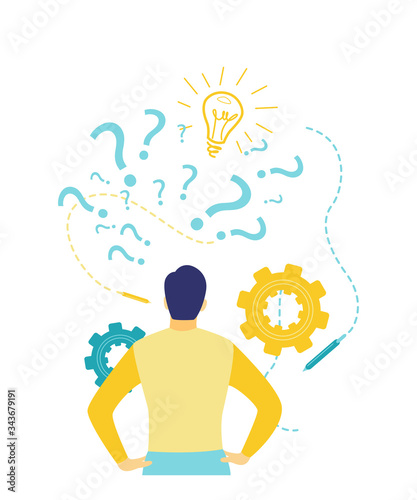 Flat vector illustration, back view of a confused business man looking for the latest business ideas and innovations in blue and yellow. Difficulties in finding new ideas.