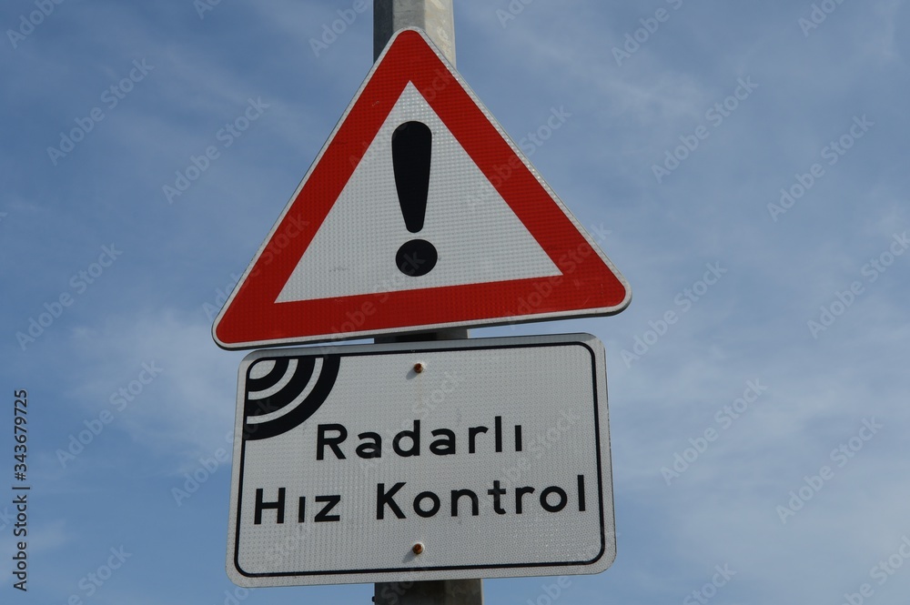 Warning traffic sign about radar control of vehicle speed Warning traffic sign about radar control of vehicle speed