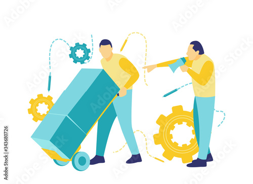 Illustration of a boss yelling at workers using loudspeakers to work more quickly and efficiently in a flat blue and yellow style.