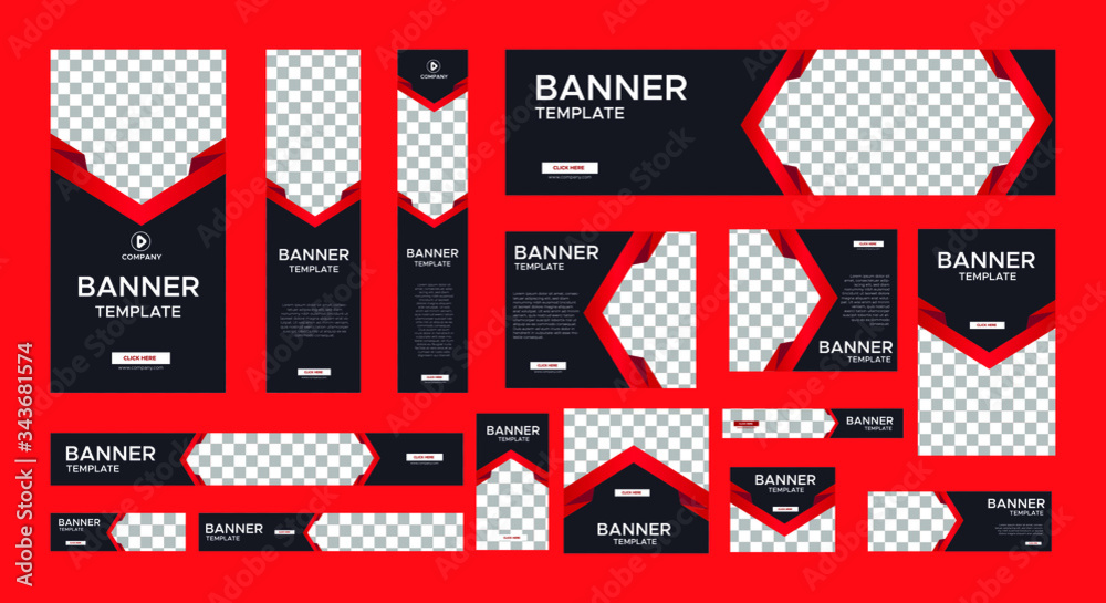 set of modern black banners of standard size with a place for photos. Business ad banner. Vertical, horizontal and square template with gradient red color.