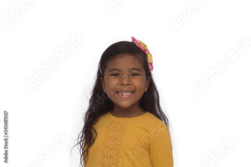 black girl in yellow shirt playing, photo with white background
