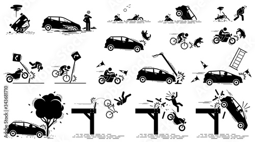 Road hazard, car accident, and traffic mishap. Vector icons of car driver stuck in mud, vehicle drive into water, bang onto tree, crash on traffic sign, motorcycle knock on dog, and fall off bridge. photo