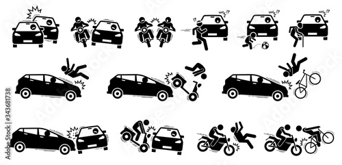 Road accident and car crash icons. Vector artwork of road vehicle accident between car, motorcycle, bicycle, people, pedestrian, jogger, child, and elderly.