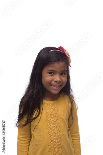 black girl in yellow shirt playing, photo with white background