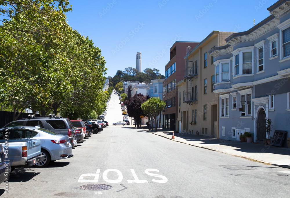 San Francisco, California, USA-: street painted stop with with Coit Tower in the background in San Francisco