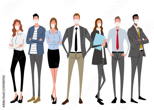 Stock illustration: business man in mask, business woman, business team