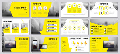 Yellow presentation template, infographic element vector, slides with charts and diagrams, layout template for projects, marketing, reports, product presentation, etc.