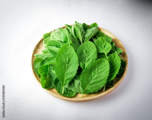 Fresh basil leaf in a wooden tray on soft ligth background