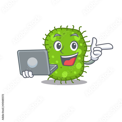 Cartoon character of escherichia clever student studying with a laptop