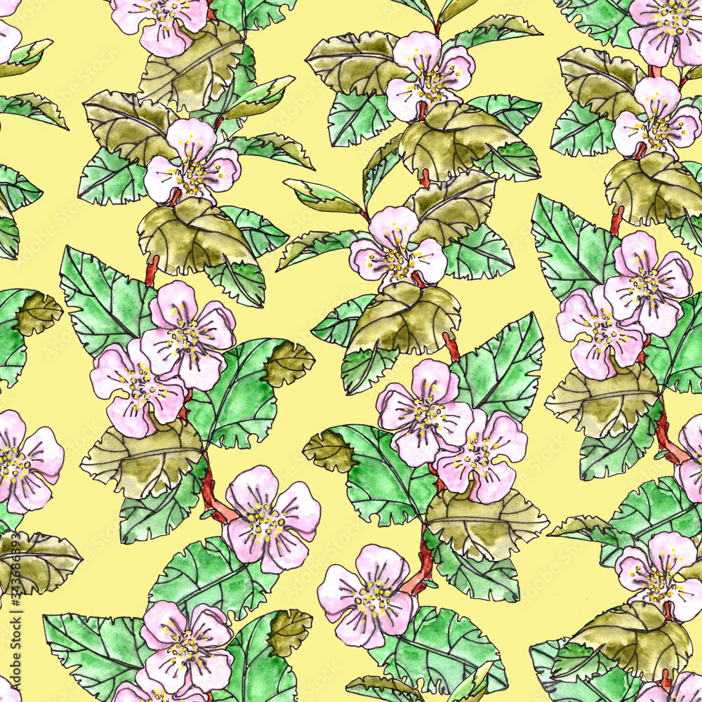 Fototapeta premium Seamless pattern of blooming apple branches with leaves on a light yellow background.