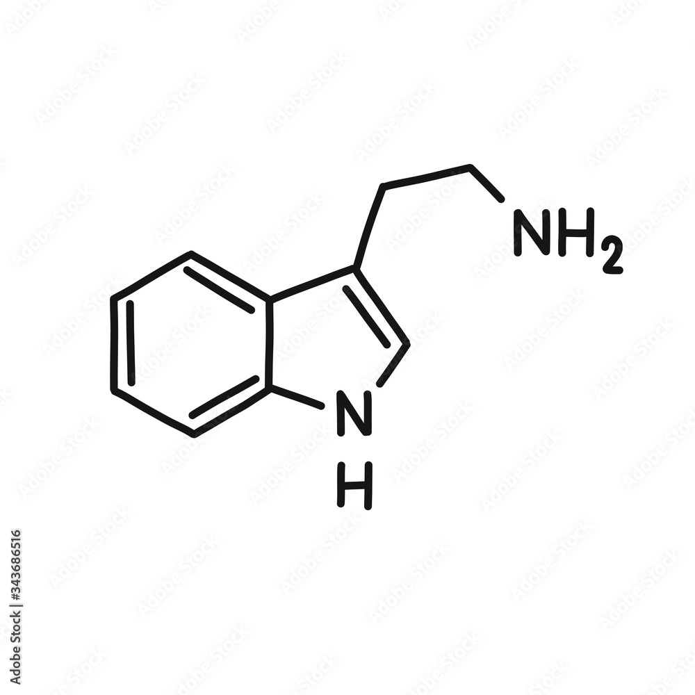 tryptamine chemical formula doodle icon, vector illustration