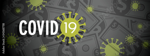 Money contaminated with coronavirus covid-19 concept. Cash currency and corona virus cells.