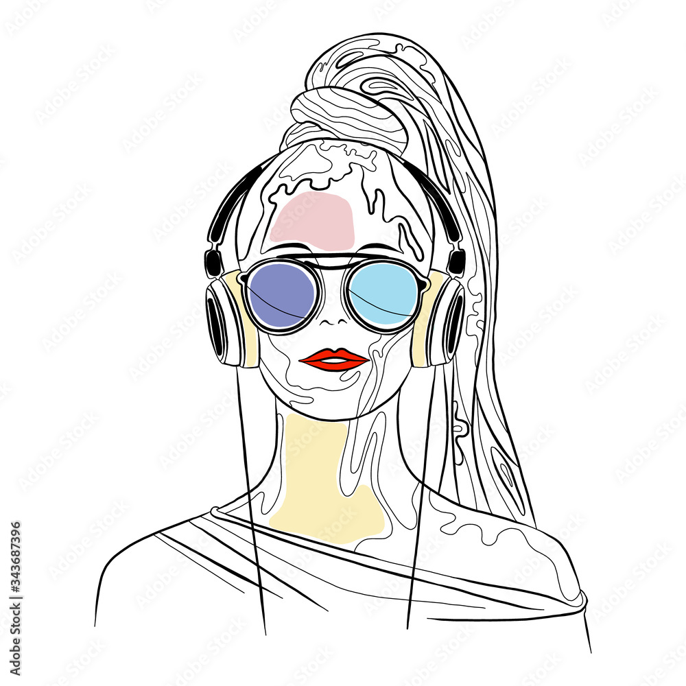 Vector graphic illustration of cute face of young sexy artistic girl long hair, sunglasse, red lips, headphones. Hand drawn sketch line drawing. Portrait closeup woman. Silhouette de Stock