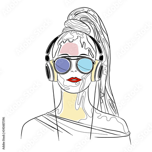 Vector graphic illustration of beautiful cute face of young sexy artistic girl with thick long hair, sunglasse, red lips, headphones. Hand drawn sketch line drawing. Portrait closeup woman. Silhouette